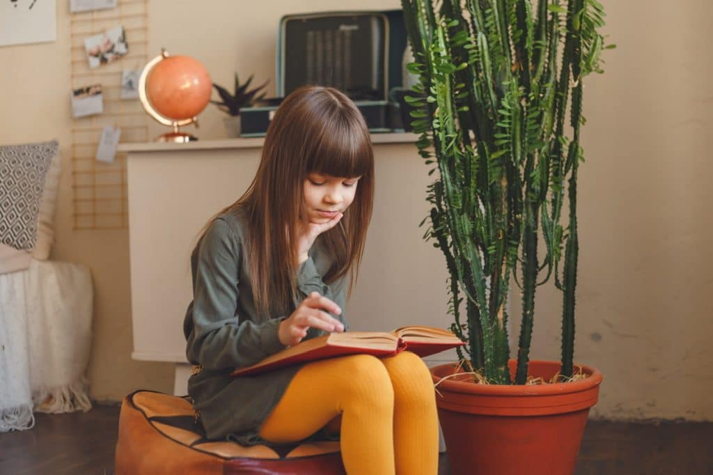 Instruction à domicile- enfant qui lit un livre scolaire 