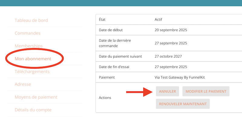 Bouton Annuler dans l'espace abonnement