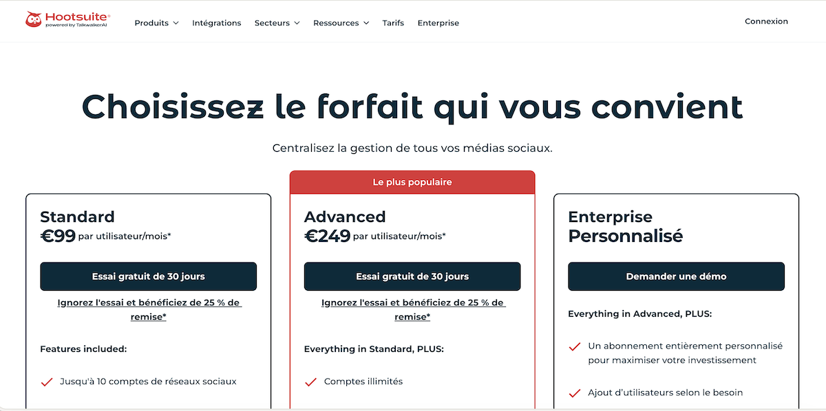 Tarifs Hootsuite