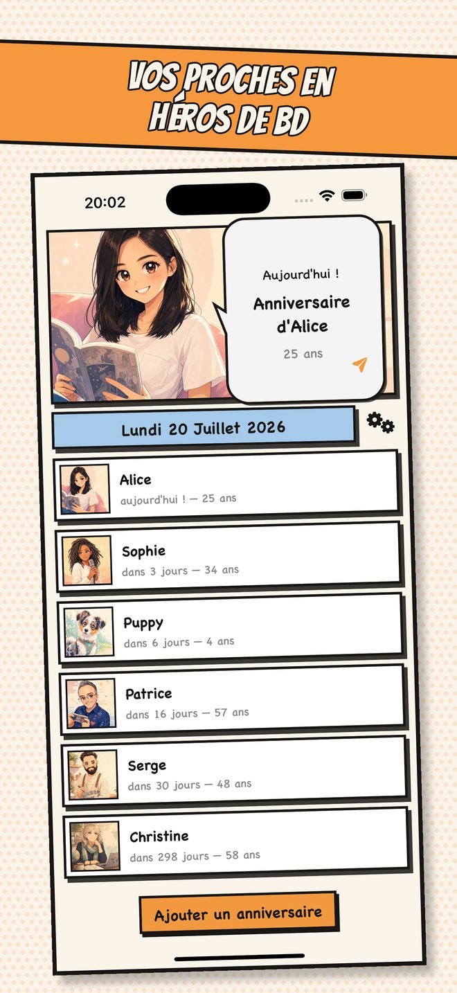 L'écran d'accueil de B'Day avec la liste des anniversaires