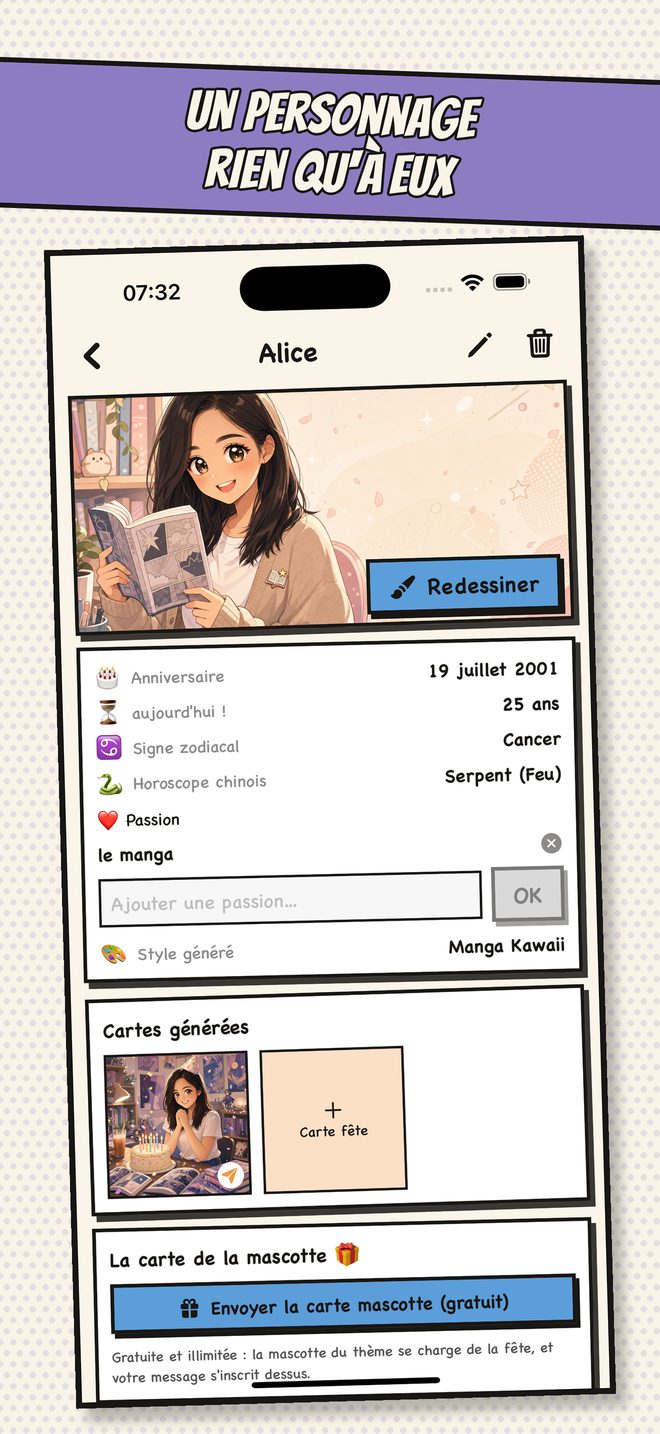 La fiche d'un proche transformé en personnage manga