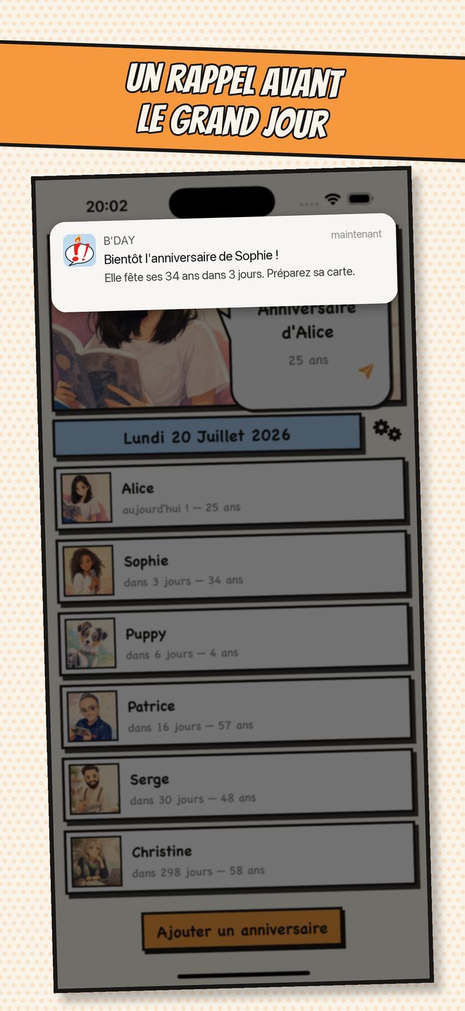 Une notification de rappel avant l'anniversaire