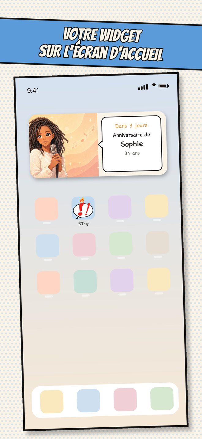 Le widget B'Day sur l'écran d'accueil de l'iPhone