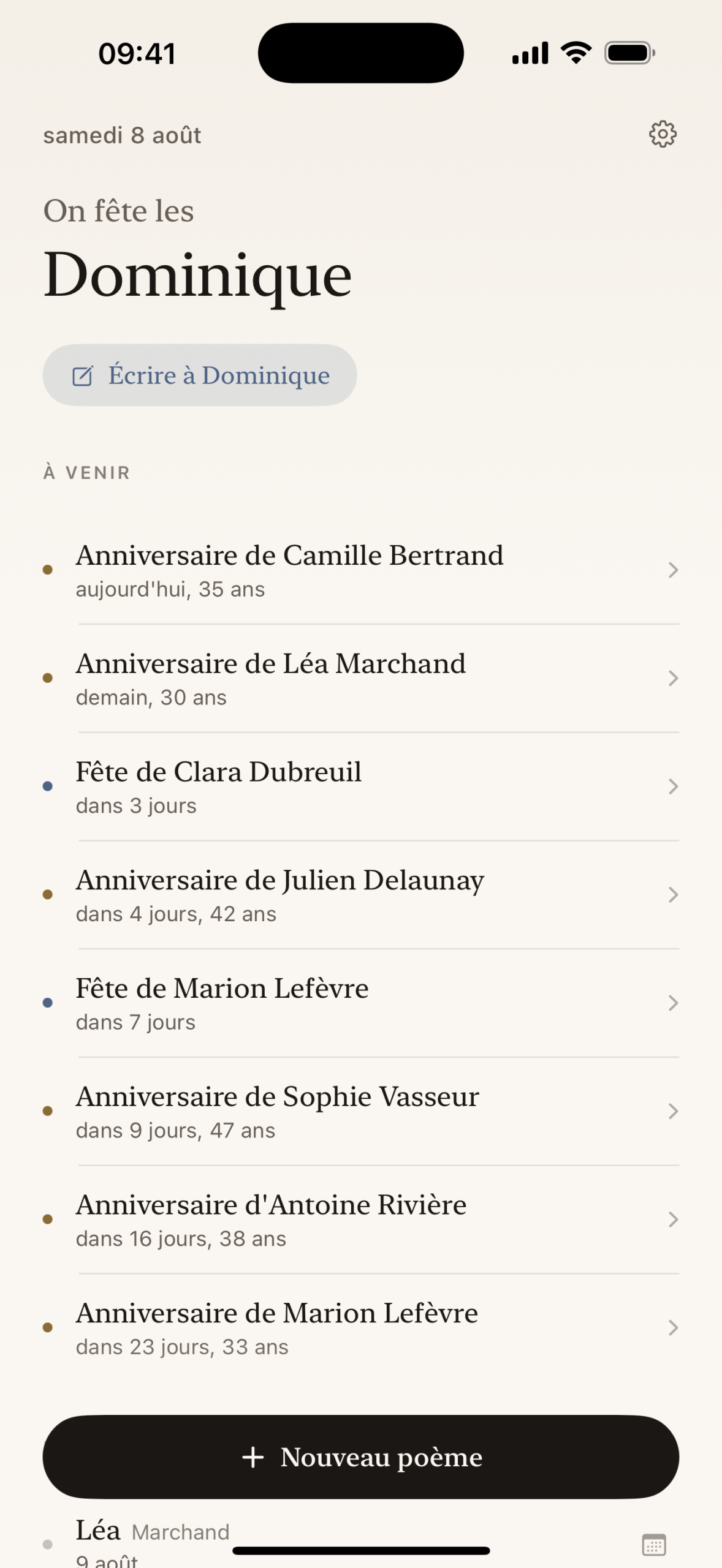 L'écran du carnet, avec la fête du jour